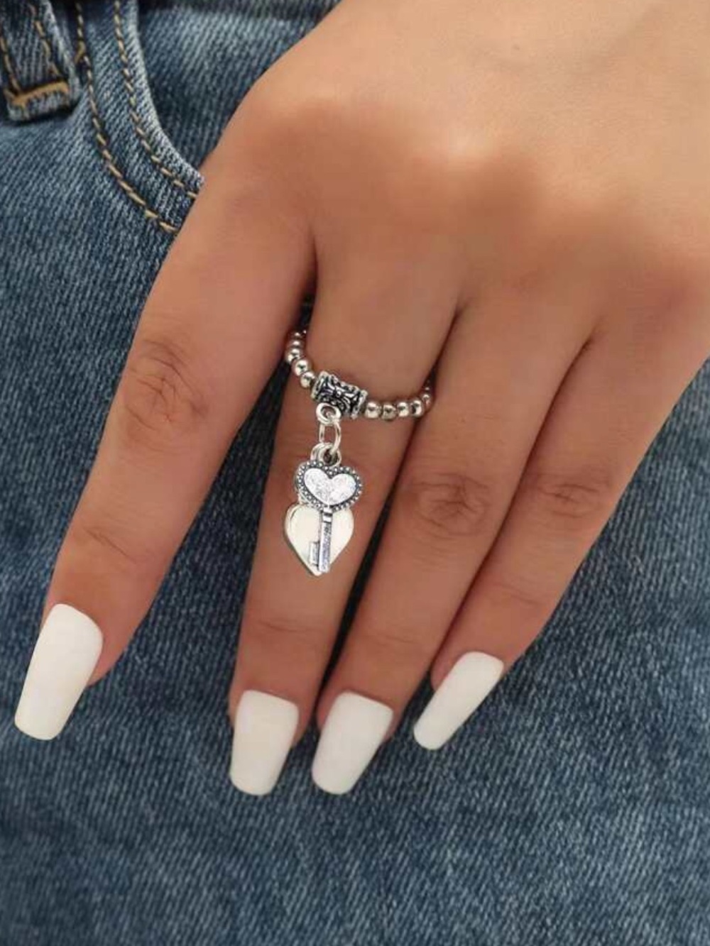 Silver Heart & Key Charm Beaded Ring - Women's Jewelry